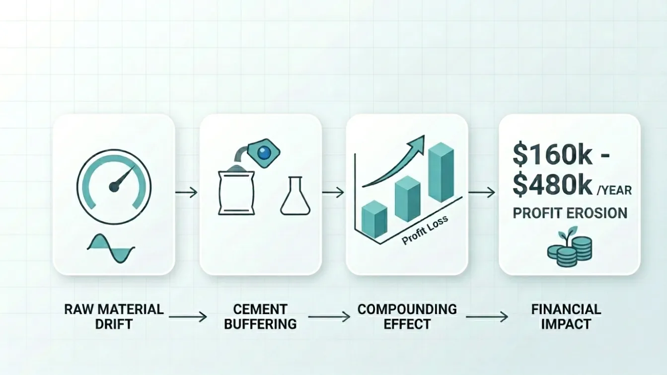 Chain diagram: raw material drift leads to cement buffering, which compounds over time into $160k–$480k per year of profit erosion.