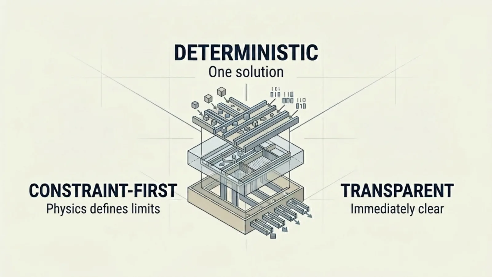 Exploded isometric diagram labelled deterministic — one solution, constraint-first — physics defines limits, and transparent — immediately clear.