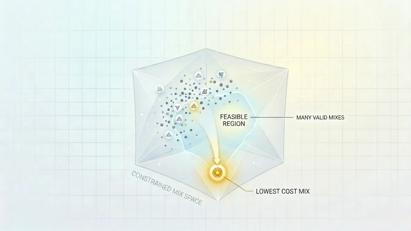 A constrained mix space drawn as a faceted volume: many valid mixes form a feasible region, and one glowing point marks the lowest-cost mix inside it.